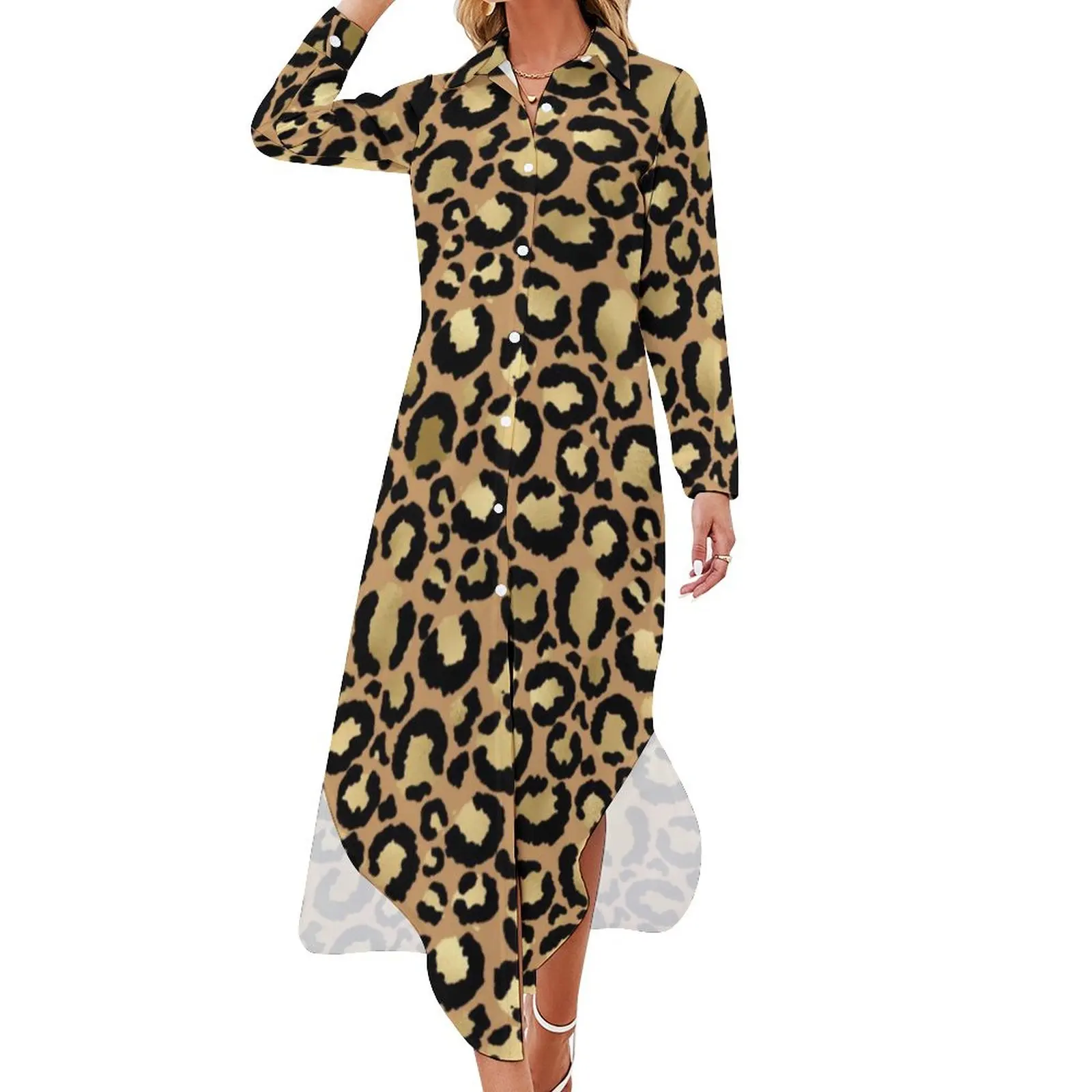

Платье женское шифоновое с леопардовым принтом, пляжный сарафан оверсайз с длинным рукавом, Повседневная Уличная одежда с V-образным вырезом, золотистого и черного цвета