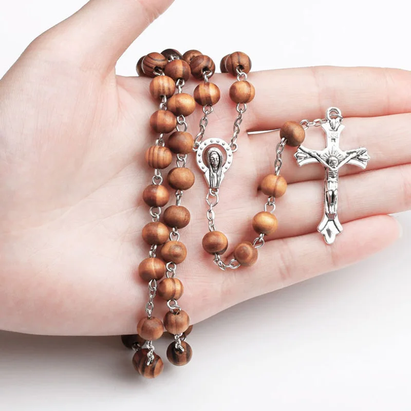 

8MM Wood Rosary Beads Necklace For Women Men Catholic Jesus Christ On INRI Cross Crucifix Pendant Long Chain Religious Jewelry