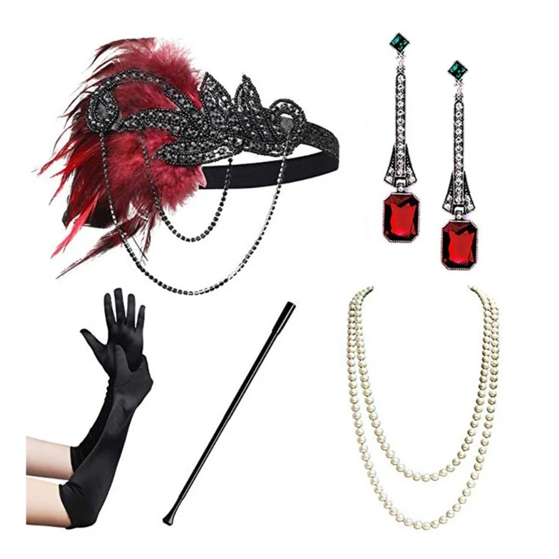 

1920s Gatsby Great Accessories Set for Womens Costume Pearls Necklace Satin Black Gloves Flapper Headpiece Headband