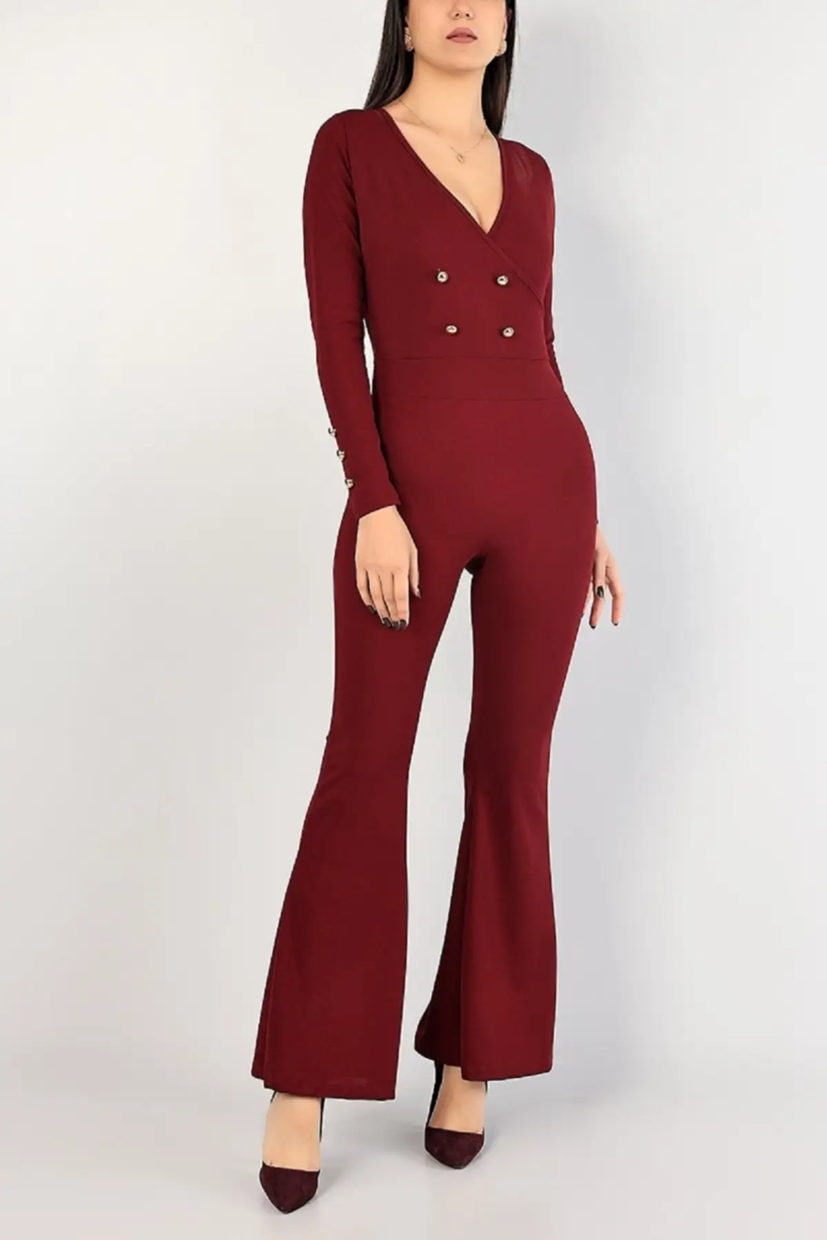 

Women's Overalls Claret Red Crew Neck Jumpsuit Q Hot Style Quality Fabric Sleeveless Baggy Trousers Casual Jumpsuit