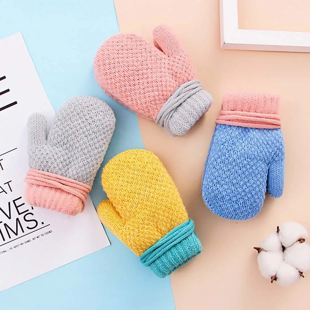 

New Arrival Winter Baby Boys Girls Knitted Gloves Warm Full Finger Mittens Gloves with Rope For Children Toddler Kids 2-4Years