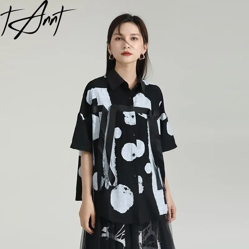 

Tannt Women Shirt Patchwork Short Sleeves Cheap Summer Woman Dot Blouse Color Matching Black White Loose Casual Shirts 2023 New