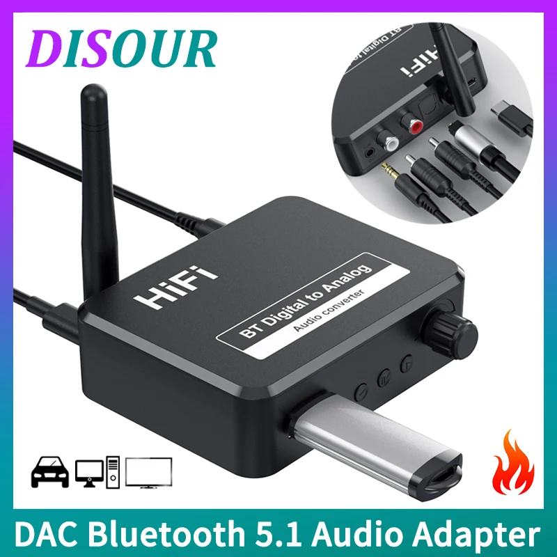 Фото Аналоговый преобразователь цифрового сигнала DAC Bluetooth 5 1 3 мм AUX RCA U-Disk |