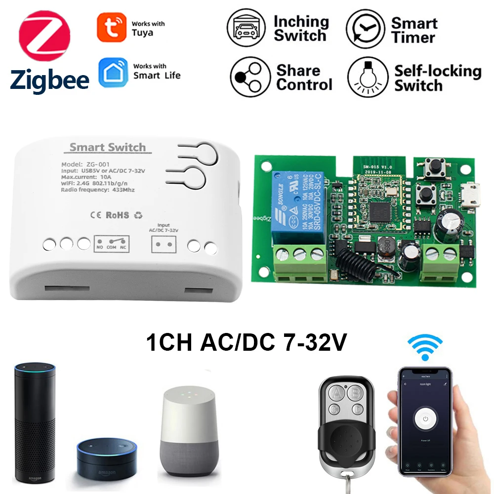 

Умный мини-выключатель Tuya Zigbee, модуль с радиоуправлением 7-32 В, 1 канал, 2 канала, 4 канала, датчик выключателя для умного дома, работает с Alexa Google Home