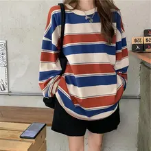 Women’s Casual Long Sleeve T-shirt Fashion Stripe Printing Round Neck Loose Pullover Tops