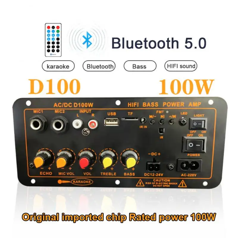 

D100 220V 12V 24V Digital Bluetooth 5.0 Amplifier Board Subwoofer Dual Microphone Amplifiers For 8-12 Inch Speaker 100W