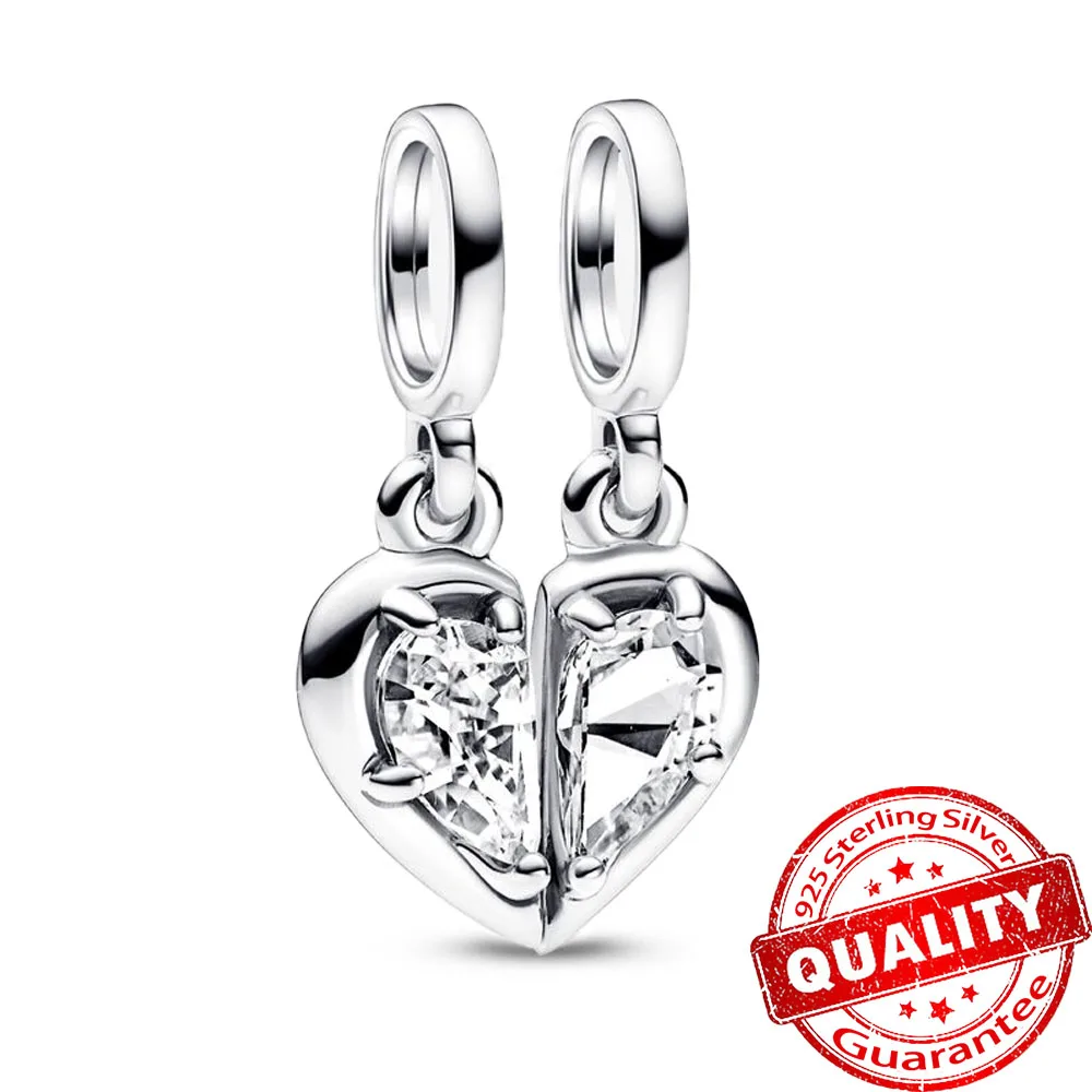 

New 925 Sterling Silver Heart Zircon Splittable Mother & Daughter Dangle Charm Fit Pandora Bracelet & Necklace Women Jewelry
