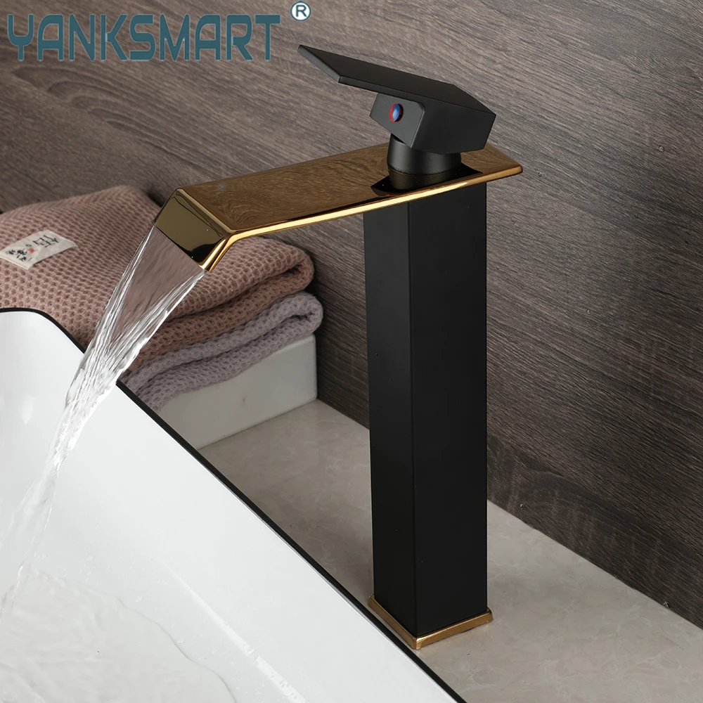 

YANKSMART Bathroom Faucet Gold and Black Waterfall Brass Faucets Deck Mounted Sink Mixer Water Tap Hot & Cold Sink Taps