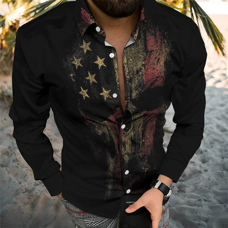 Men's Long Sleeve Shirt with Skeleton Pattern and American Flag, Men's Street Clothes, Casual, Luxury, Fashion, Lapels, Buttons
Men's Long Sleeve Shirt with Skeleton Pattern and American Flag, Men's Street Clothes, Casual, Luxury, Fashion, Lapels, Buttons