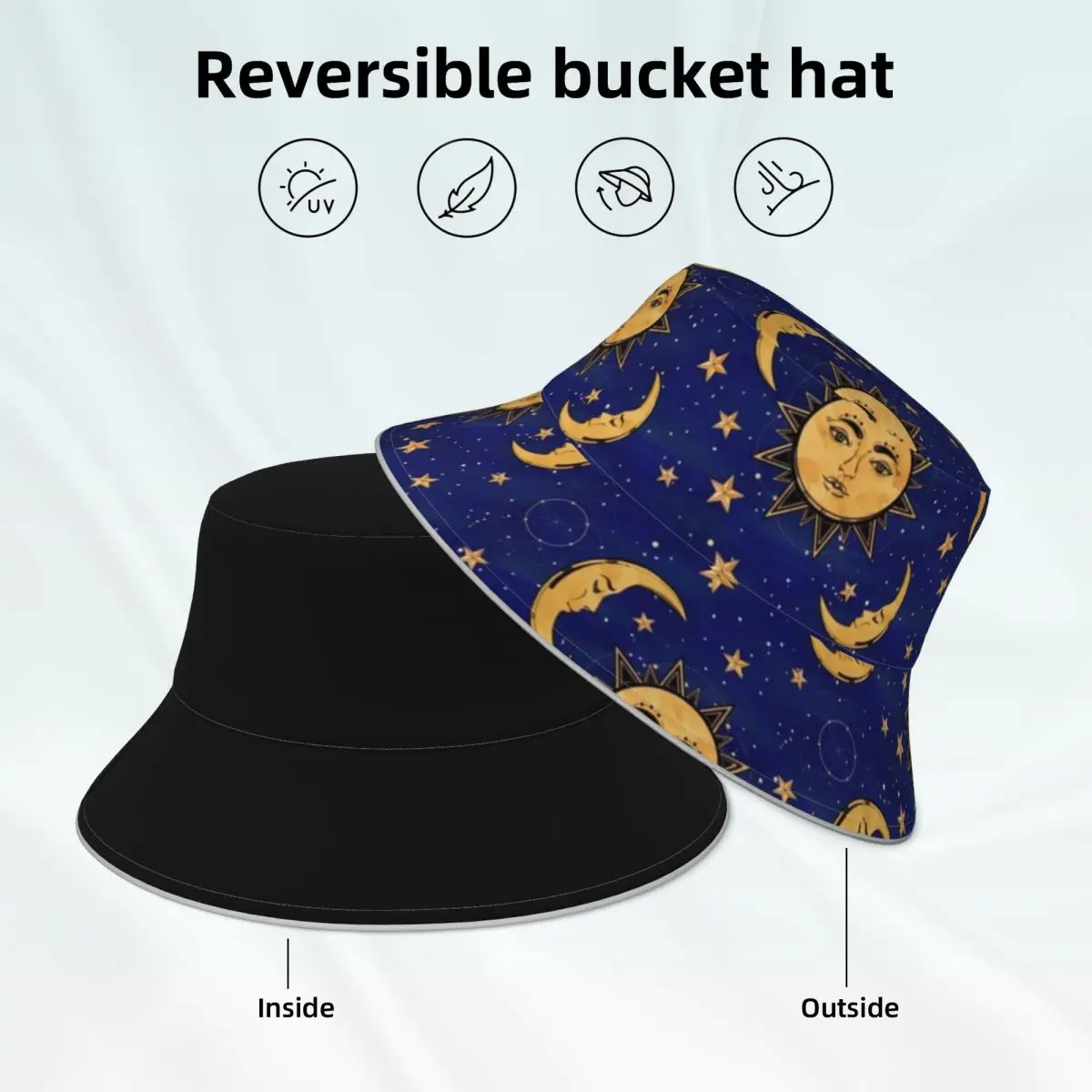 

Sun Stars Celestial Bucket Hat Vintage Moon Reversible Men Women Reflective Fisherman Hats Fashionable Streetwear Sun Hat