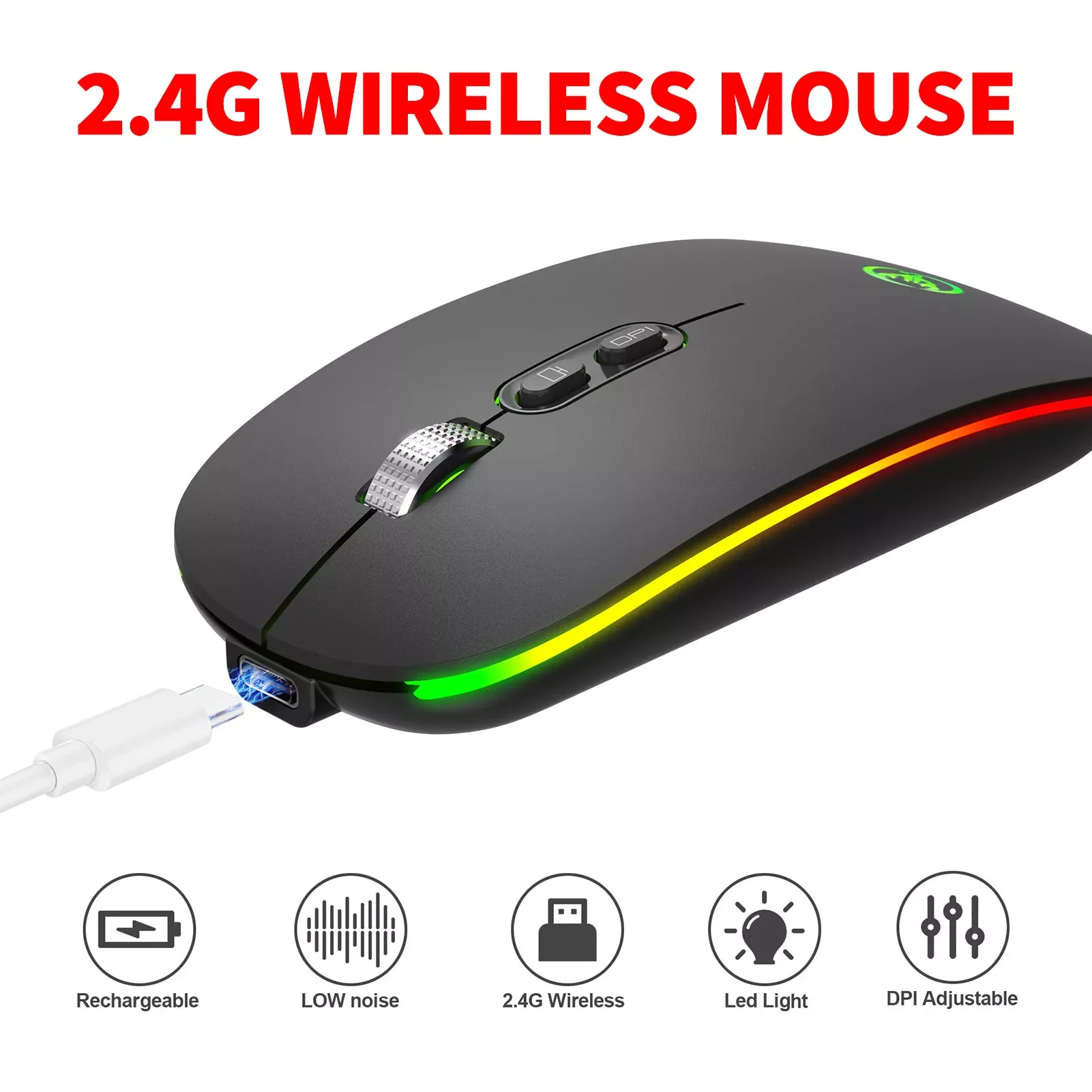 

HXSJ 2.4G Wireless Mouse Mute Office Mouse 1600 DPI Built-in 500mAh Battery Rechargeable Ergonomic Mice for PC Laptop Computer