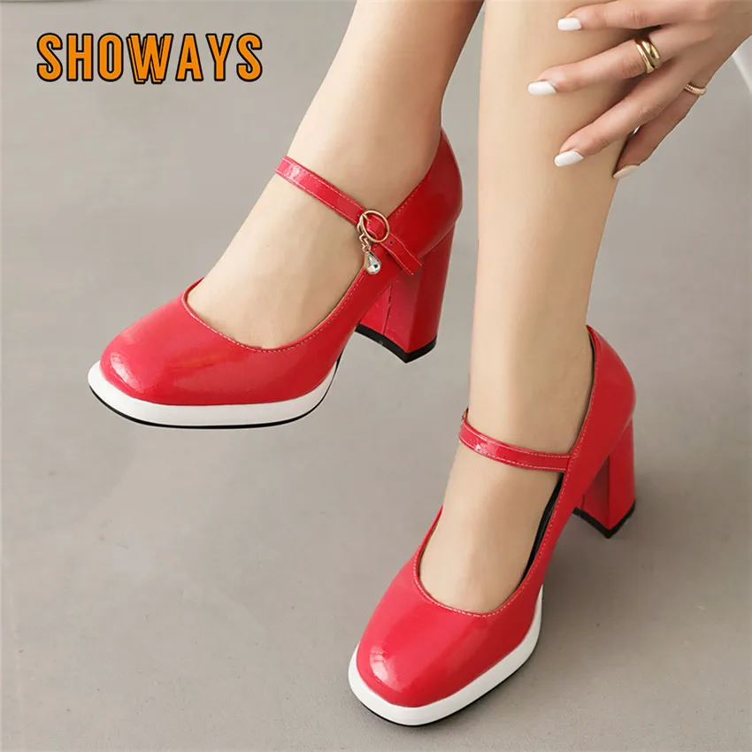 

Sweet Round Toe Women Mary Janes Rosy Red Black Crocodile Patent Leather High Chunky Heels Dress Show Party Lady Platform Pumps