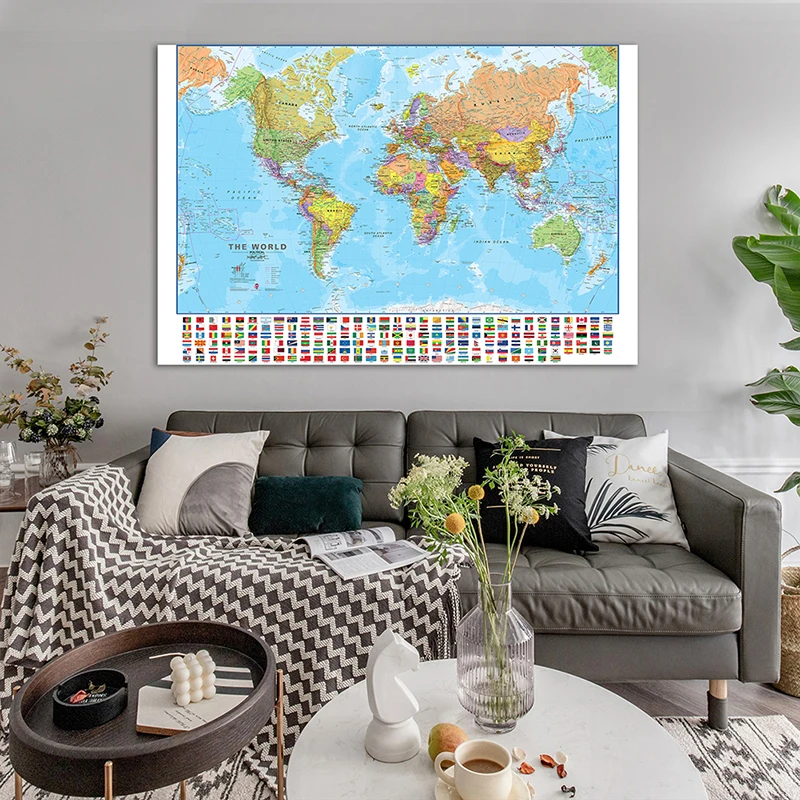 

100*70cm The World Political Map with National Flags Unframed Prints Non-woven Canvas Painting Wall Art Poster Home Decoration