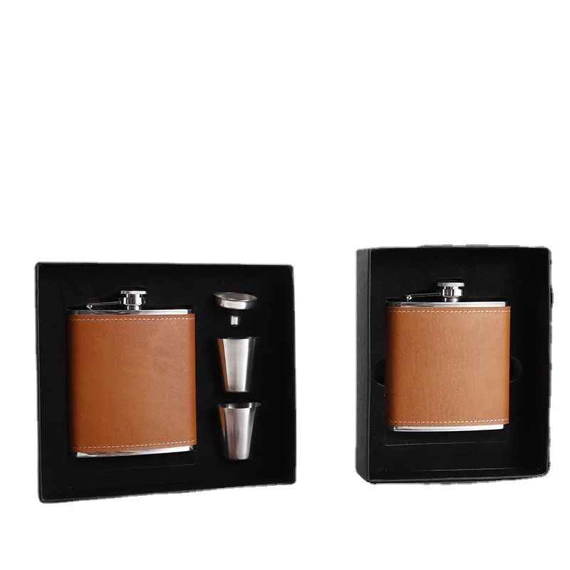 

Custom 6oz 7oz 8oz metal stainless steel whisky hip flask pocket leather wrapped whiskey hip flask gift set with funnel and cups