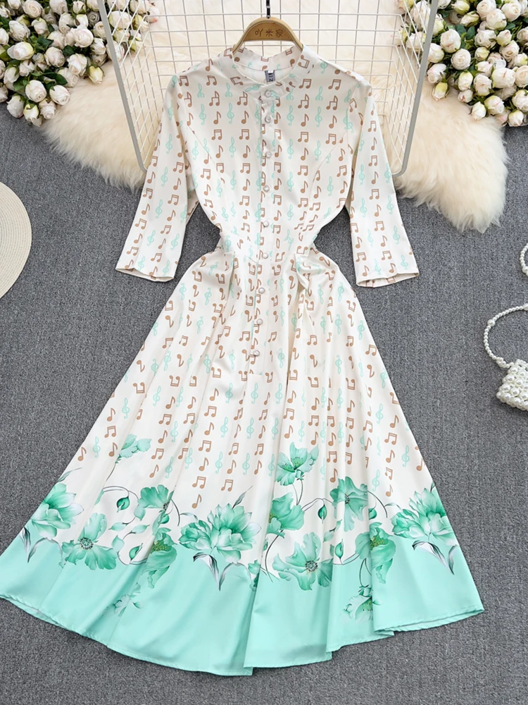 Женское платье-трапеция с воротником-стойкой и высокой талией, модные элегантные однобортные платья с принтом и рукавом три четверти 
Женское платье-трапеция с воротником-стойкой и высокой талией, модные элегантные однобортные платья с принтом и рукавом три четверти