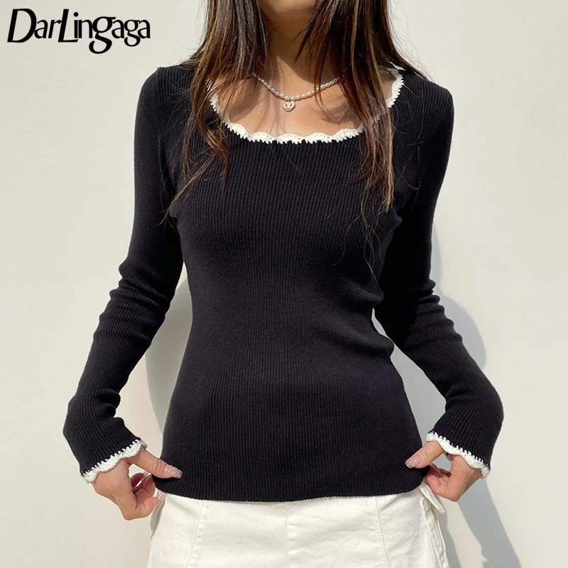

Darlingaga Fashion Basic Patched Women Sweater Autumn Winter Ruched Knitwear All-Match Jumper Casual Knitting Pullovers Clothing