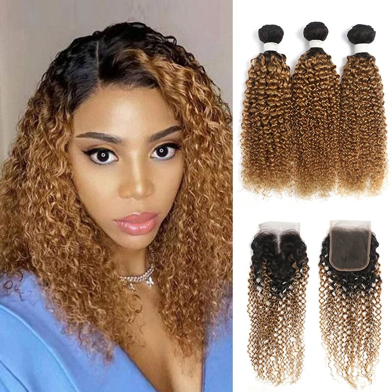 

Kinky Curly 1B/27 Ombre Blonde Hair Bundles With 4x4 Lace Closure SOKU Brazilian 100% Remy Human Hair 3/4 Bundles Curly Weaves