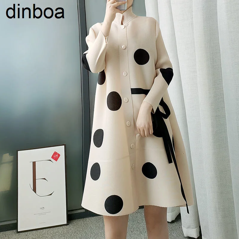 

2022 Wool Blends Pleated Ladies Windbreaker Jacket Autumn Single-breasted Stand Collar Lightly Cooked Print Polka Dot Plush Coat