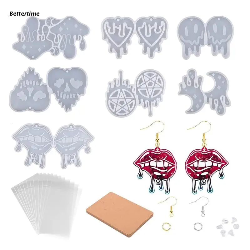 B36D 117Pcs Resin Jewelry Molds 7 Pairs Dripping Blood Resin Earring Silicone Molds with Earring Hook Back Jump Ring Pendant
B36D 117Pcs Resin Jewelry Molds 7 Pairs Dripping Blood Resin Earring Silicone Molds with Earring Hook Back Jump Ring Pendant