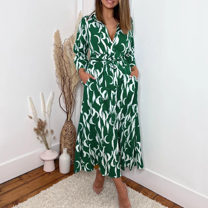 Ladies Pattern Printed Loose Dresses Elegant Belt Lace-up Waisted Long Dress Chic Women Turn Down Collar Buttoned Shirt Dresses 
Ladies Pattern Printed Loose Dresses Elegant Belt Lace-up Waisted Long Dress Chic Women Turn Down Collar Buttoned Shirt Dresses