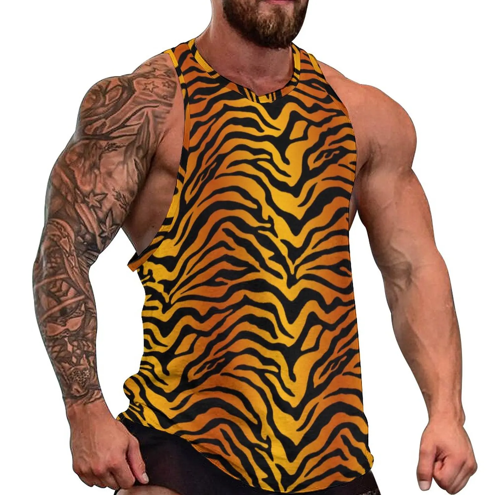 

Tiger Print Tank Top Black Stripes Muscle Tops Beach Bodybuilding Males Graphic Sleeveless Vests Plus Size