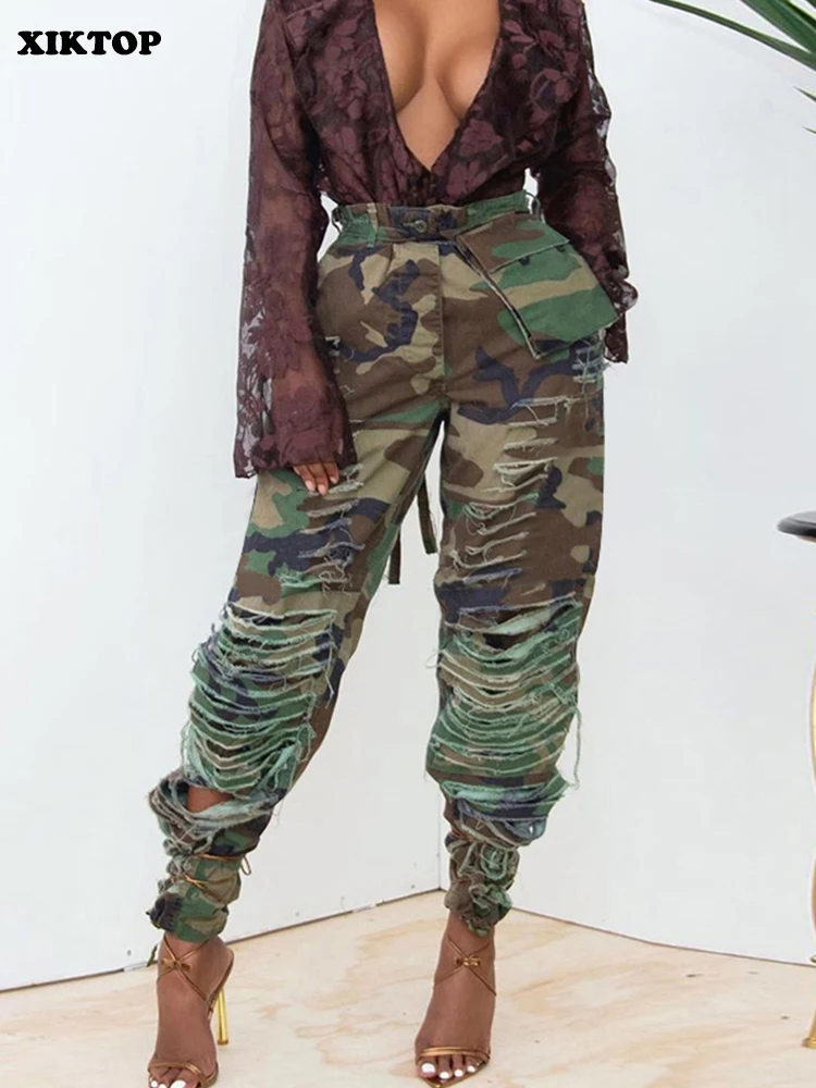 Брюки XIKTOP женские камуфляжные рваные, модные прямые брюки с карманами, винтажные облегающие брюки-карандаш в стиле милитари, на осень