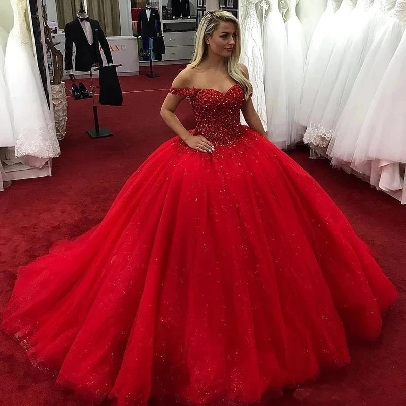 

ANGELSBRIDEP красные платья Quinceanera с бисером кристаллы с открытыми плечами принцессы искусственные платья милое 16 бальное платье новое поступление
