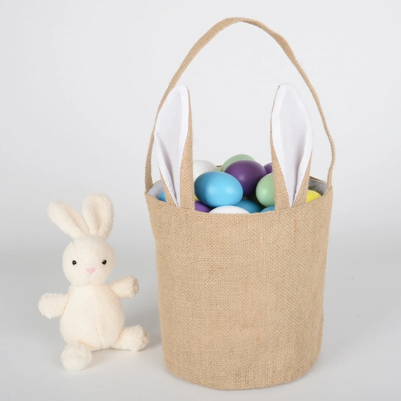 

67JE Unique Design Easter Burlap Gift Bags Jute Easter Bunny Rabbit Ears Jewelry Display Bag Easter Baskets Hunts Party Favor
