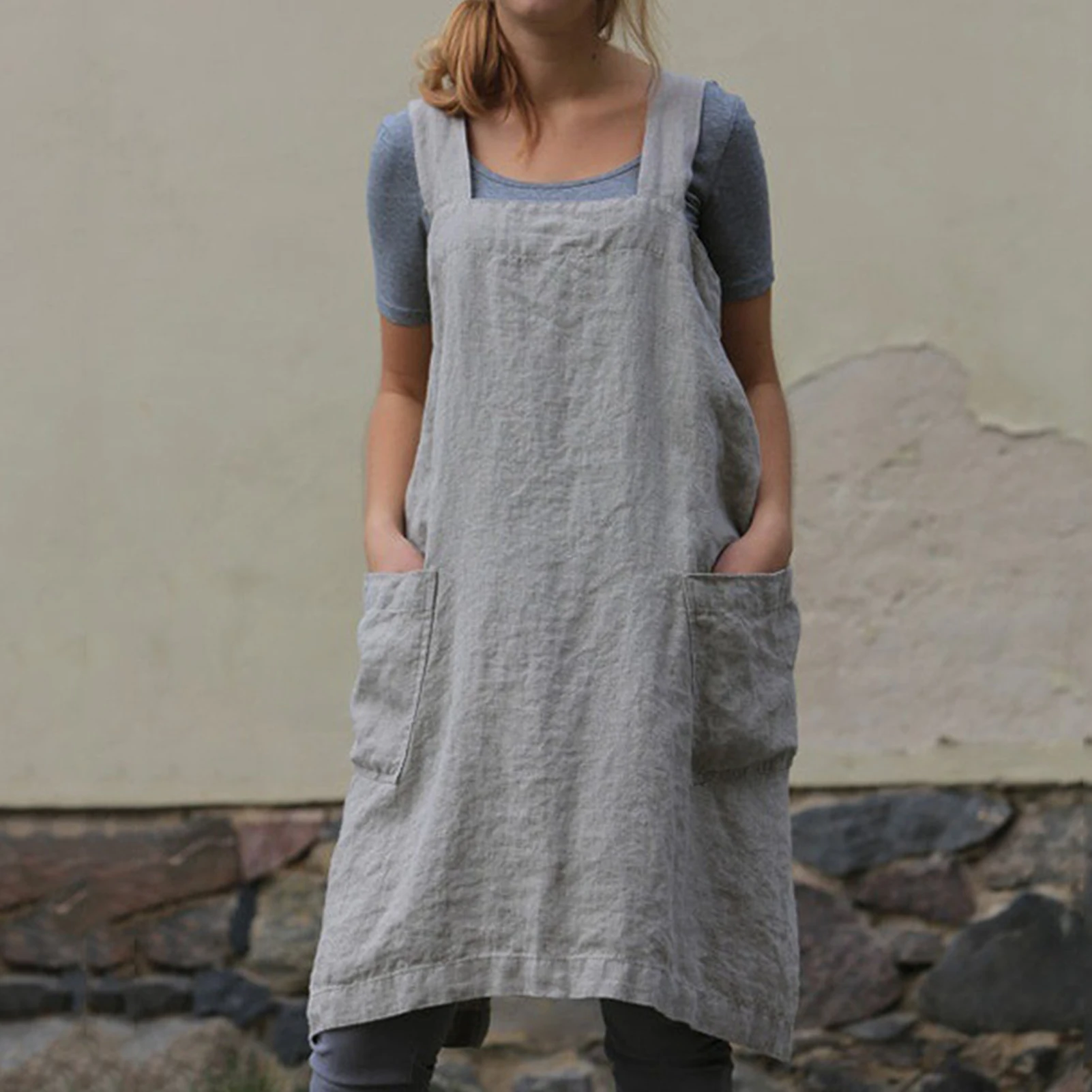 Women Men Long Dress Square Neck Linen Cotton Apron Large Pockets Robes Solid Color Retro Sweat Absorption Casual suit
Women Men Long Dress Square Neck Linen Cotton Apron Large Pockets Robes Solid Color Retro Sweat Absorption Casual suit