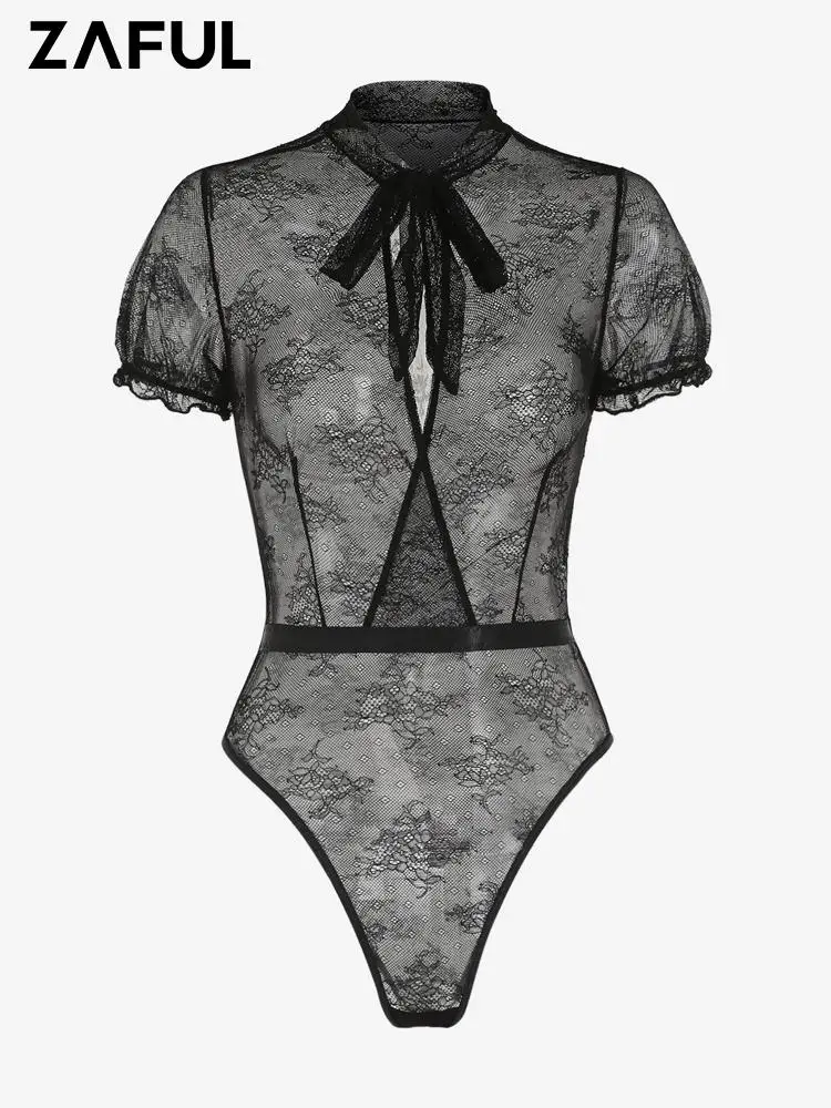 

ZAFUL Women's Sexy Tank Top Bodysuit Sheer Lace Mesh See Through Print Plunging Tie Neck Ruffle Short Sleeves High Leg Clubwear