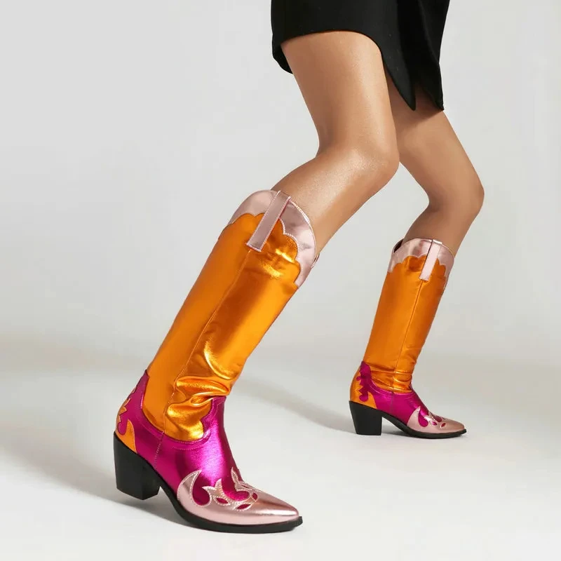 

Женские ботинки с вышивкой, зимние Новые блестящие ковбойские ботинки в западном стиле, ботинки на массивном каблуке в стиле ретро с острым носком, размера плюс 45 Botas Muj