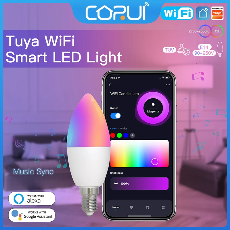 CoRui TUYA Smart WiFi E14 Candelabra RGB LED Light Bulb European Lightbulbs Alexa Lamp Google Home Yandex Alice Voice Control
CoRui TUYA Smart WiFi E14 Candelabra RGB LED Light Bulb European Lightbulbs Alexa Lamp Google Home Yandex Alice Voice Control