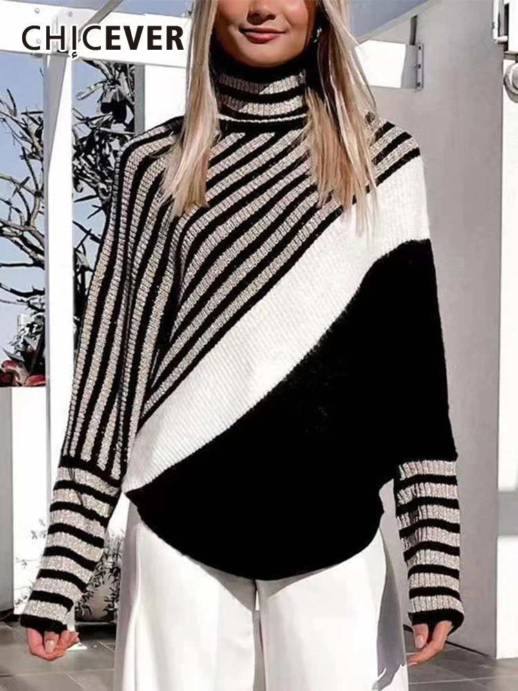 

CHICEVER Striped Colorblock Sweater For Women Turtleneck Batwing Sleeve Irregular Hem Vintage Slimming Pullover Sweaters Female