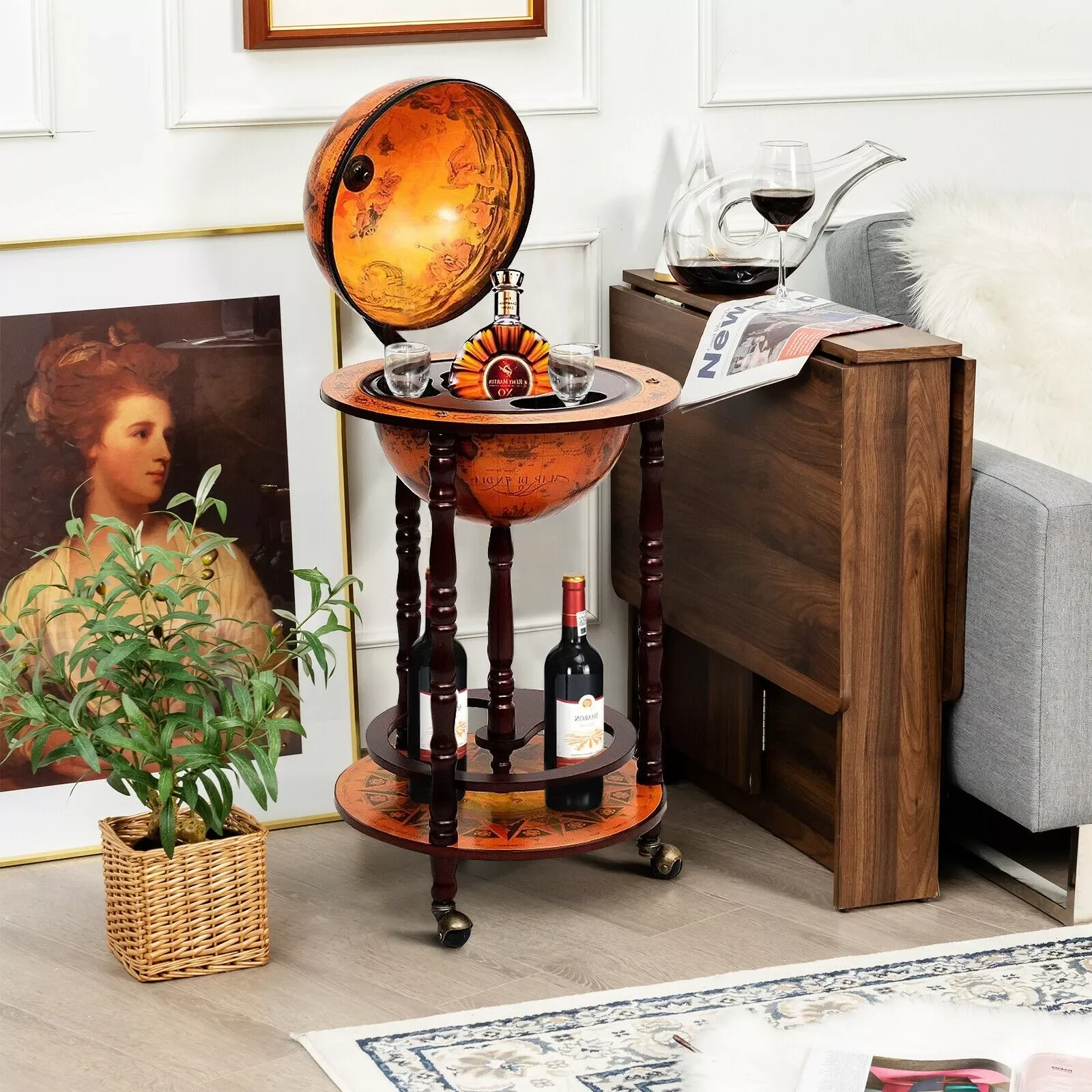 17" Globe Wine Bar Stand Sepia Vertical Four-Legged Hemp Sixteenth-Century Italian Replica Style Bar Cart Cabinet on Wheels 
17" Globe Wine Bar Stand Sepia Vertical Four-Legged Hemp Sixteenth-Century Italian Replica Style Bar Cart Cabinet on Wheels