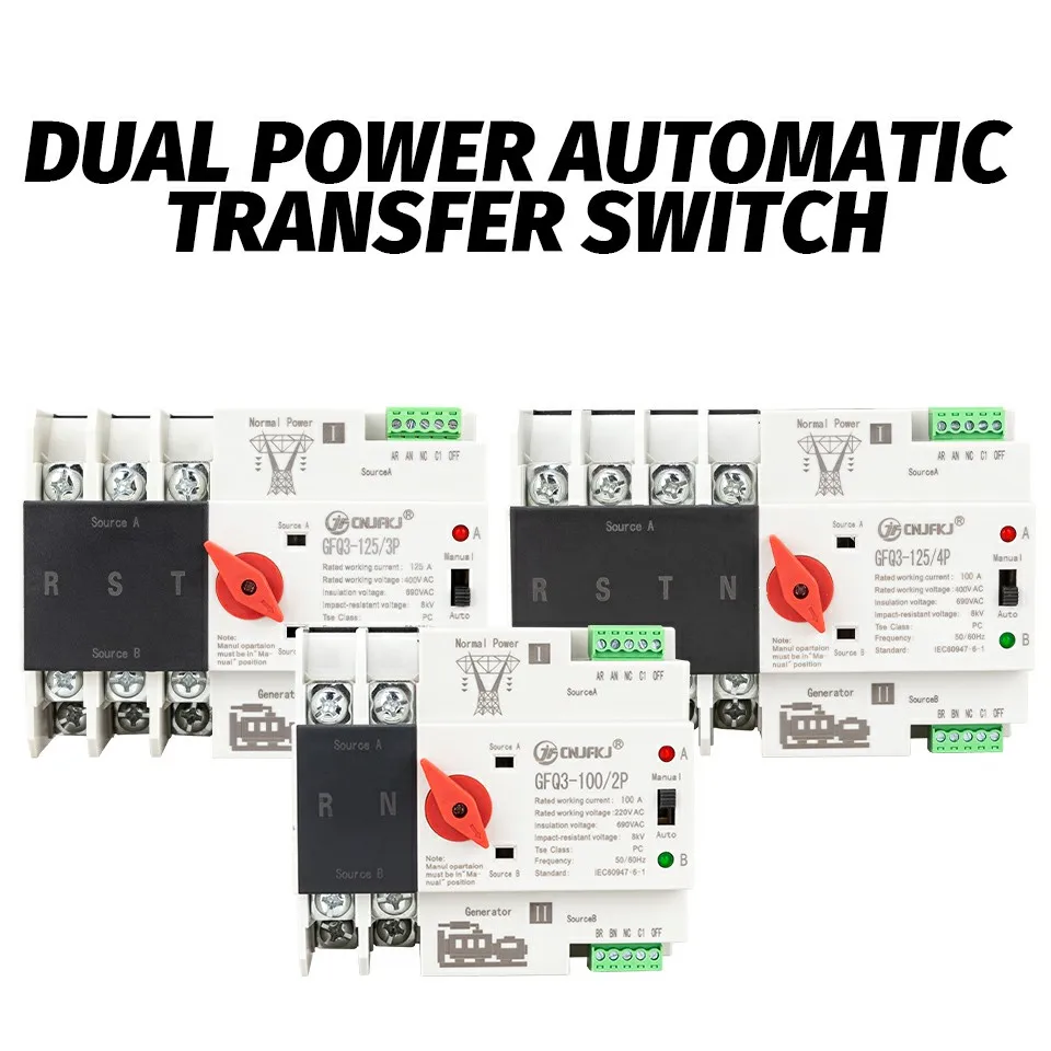 

Din Rail 2P 3P 4P ATS Dual Power Automatic Transfer Switch Selector Switches Uninterrupted Power Generator 63A 100A 125A