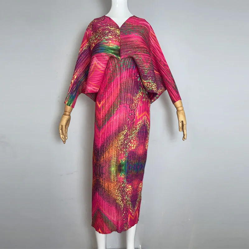 

Miyake Pleated Printed Dolman Sleeve V-neck Dress 2022 Spring and Summer New Fashion Temperament Loose Large Size Dress kaftan