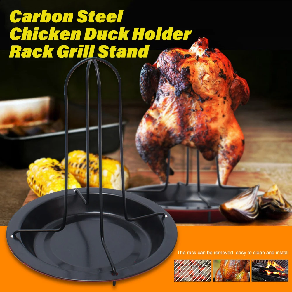 

Chicken Duck Holder BBQ Roaster Rack Kitchen Barbeque Grill Stand Carbon Steel Tray Plate Camping Bakeware Turkey Fork Shelf Z30