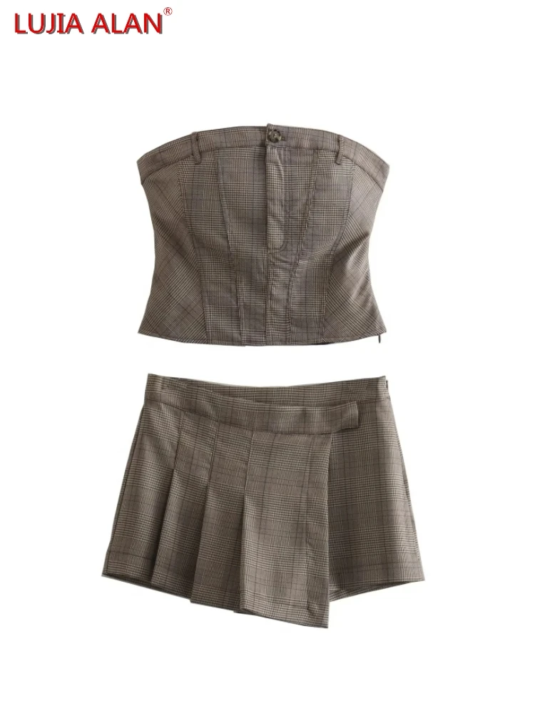New Women's Plaid Corsets Strapless Blouses Casual Side Zipper Shirt Slim Fit Tops+Pleated Shorts LUJIA ALAN B1110
New Women's Plaid Corsets Strapless Blouses Casual Side Zipper Shirt Slim Fit Tops+Pleated Shorts LUJIA ALAN B1110
