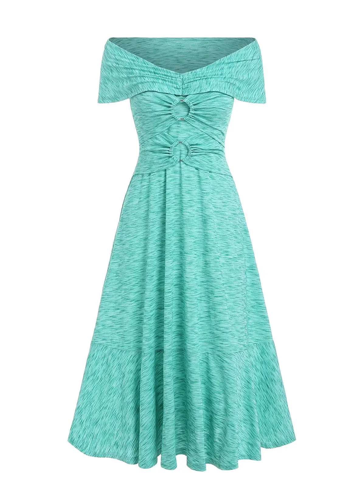 

Dressfo Elegant Midi Dress O-Ring Off the Shoulder Neckline Summer Dress Short Sleeves Space Dye Women's Clothing Dress