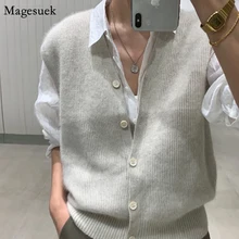 Casual Button Cardigan Vest 2023 Autumn and Winter Warm Knitted Sweater Women Fashion Loose Solid Sleeveless Soft Jumpers 16348