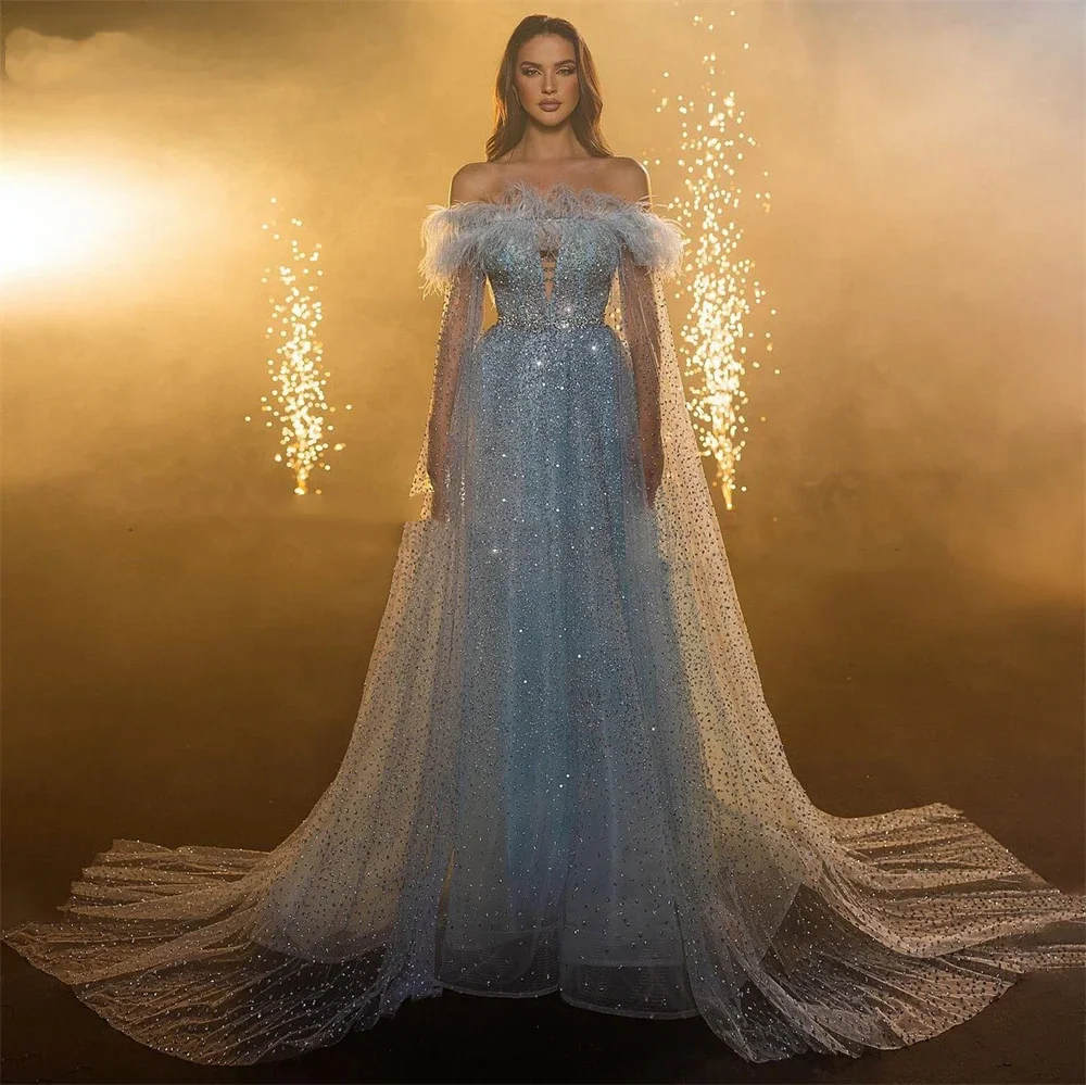 Gorgeous blue party dress Off the Shoulder sequined feather A-line floor-length cocktail vestidos para mujer elegantes y bonitos
Gorgeous blue party dress Off the Shoulder sequined feather A-line floor-length cocktail vestidos para mujer elegantes y bonitos
