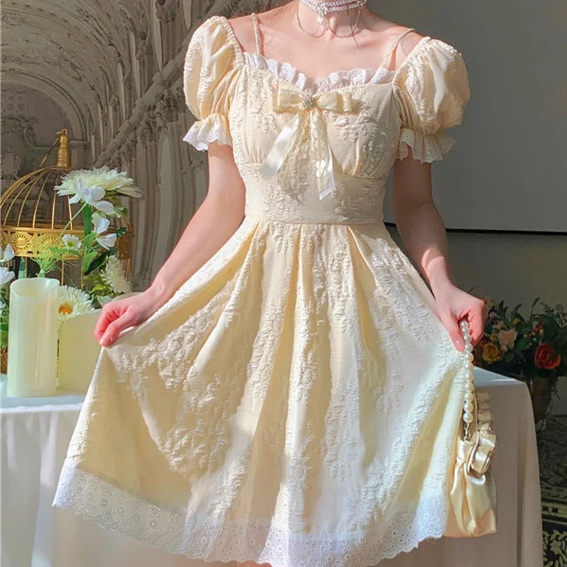 

French Haute Couture Retro Bubble Sleeve Gentle Style Dress for Women 2023 Summer Slim Princess Tea Break Skirt