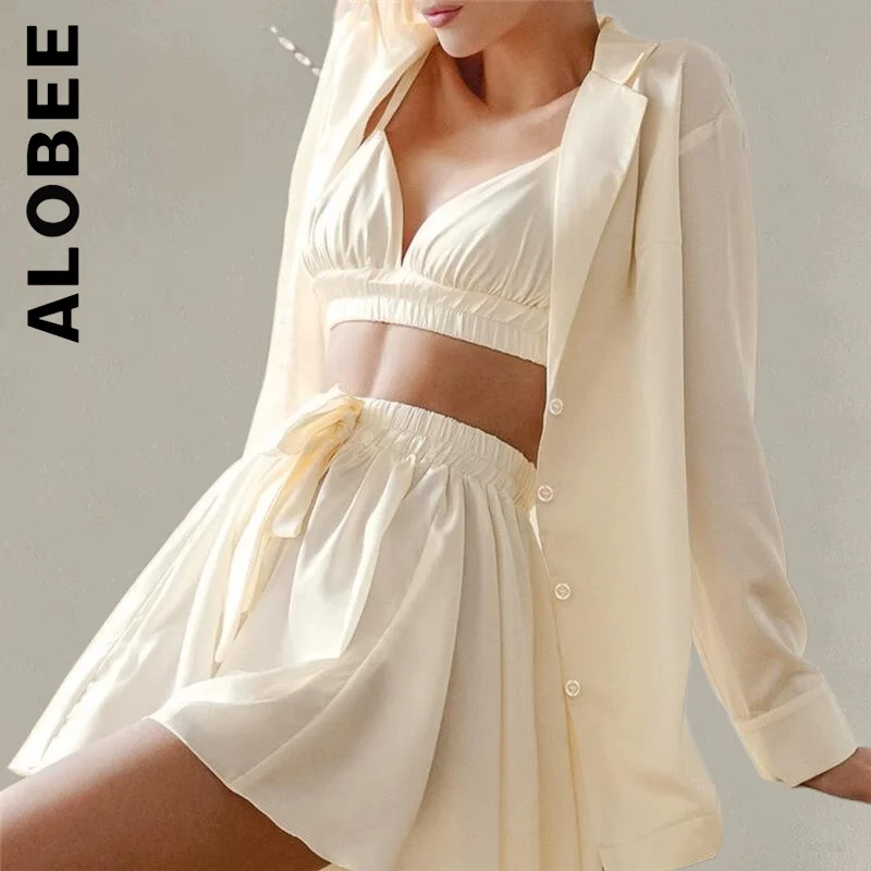Alobee Summer Pajamas Women Hot Homewear Champagne Bathrobes Skirts 3 Pieces Sets Pijama Loungewear Casual Soft Female Clothes
Alobee Summer Pajamas Women Hot Homewear Champagne Bathrobes Skirts 3 Pieces Sets Pijama Loungewear Casual Soft Female Clothes