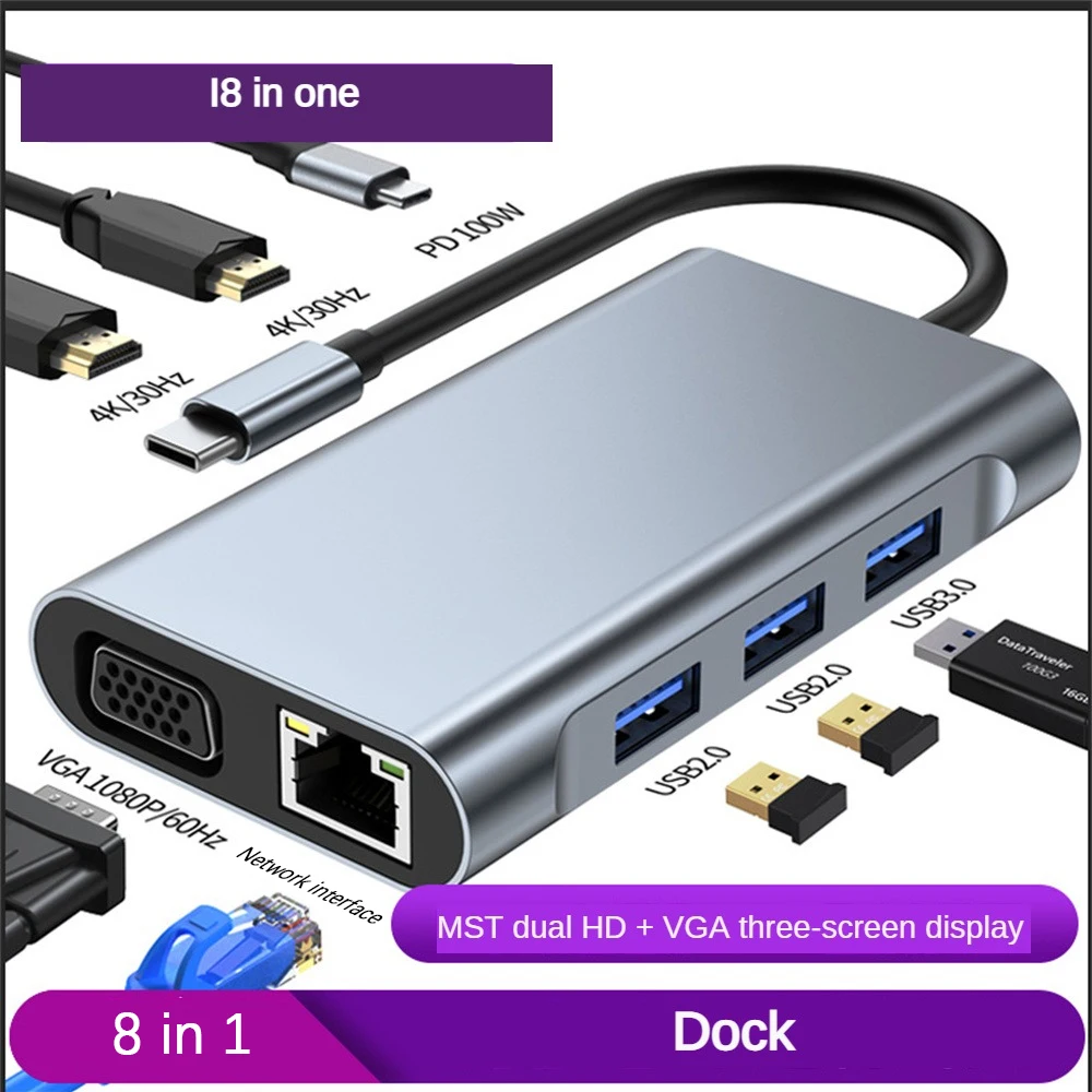 1080p Usb C Hub Aluminum Alloy 8 In 1 Docking Station Power Supply Tf/sd Card Type C To 4k Hd Adapter Office Accessories 
1080p Usb C Hub Aluminum Alloy 8 In 1 Docking Station Power Supply Tf/sd Card Type C To 4k Hd Adapter Office Accessories