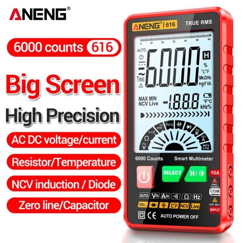 Цифровой мультиметр ANENG 616 большой экран тестер er 6000 отсчетов Высокая точность Интеллектуальный AC DC Напряжение Ток Mmultimetro тест
Цифровой мультиметр ANENG 616 большой экран тестер er 6000 отсчетов Высокая точность Интеллектуальный AC DC Напряжение Ток Mmultimetro тест