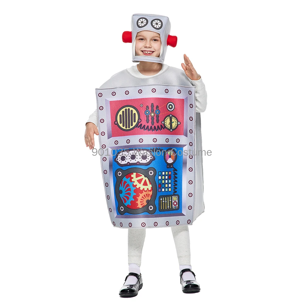 

Детский мультяшный костюм робота, детские комбинезоны с шапочкой, костюмы на Хэллоуин, карнавал, день рождения, вечеринку, смешной робот, косплей