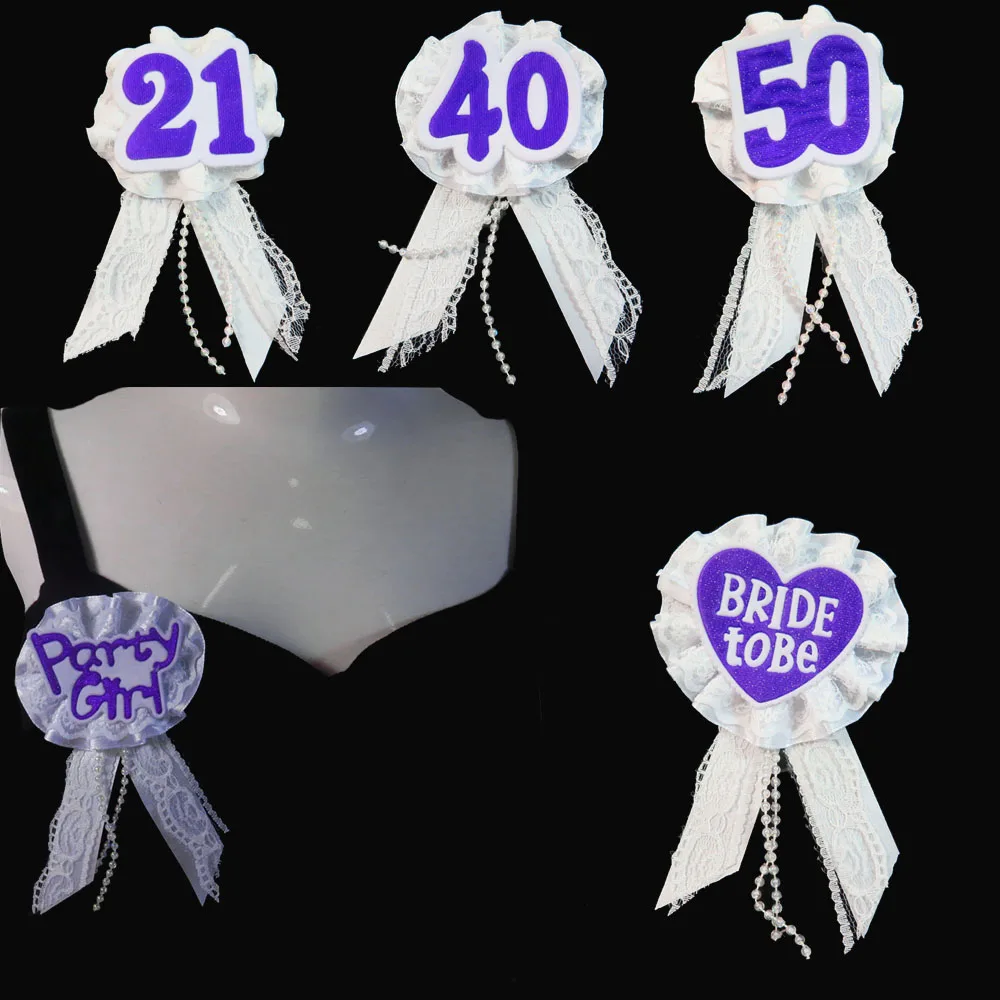 Wedding pins new design Purple glitter badge lace White ribbon brooch Party girl heart bride to be hen party 21 30 50 40 button
Wedding pins new design Purple glitter badge lace White ribbon brooch Party girl heart bride to be hen party 21 30 50 40 button