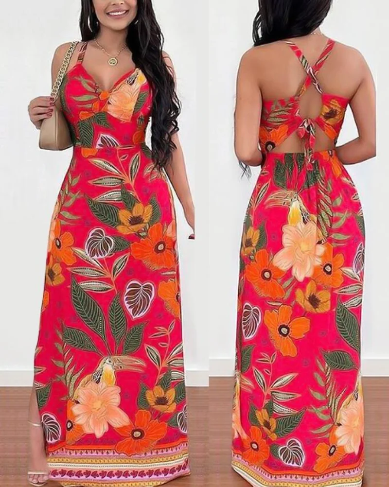 

Tropical Print Crisscross Backless Maxi Dress Women Sleeveless Summer Spring High Waist Floral Flower Long Dress