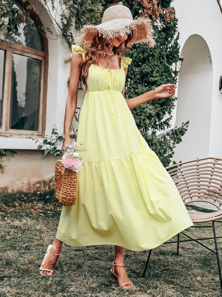 2022 New Spring Summer Women's Yellow Sling Dress High Waist Sleeveless Square Collar Chic Long Swing Dress
2022 New Spring Summer Women's Yellow Sling Dress High Waist Sleeveless Square Collar Chic Long Swing Dress