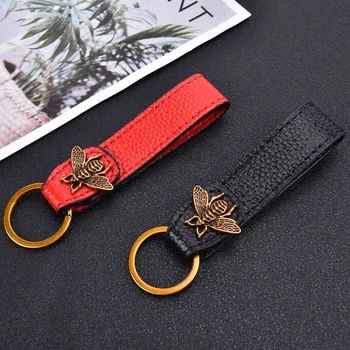 Fashion Brand Luxury Design Key Chains High-end Golden Bee Leather Business Car Keychain for Men New Anti-Lost Wristband Keyring